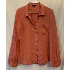 Tommy Hilfiger Coral Pink Roll Tab L Sleeve 100% Linen Hidden button Up Blouse L